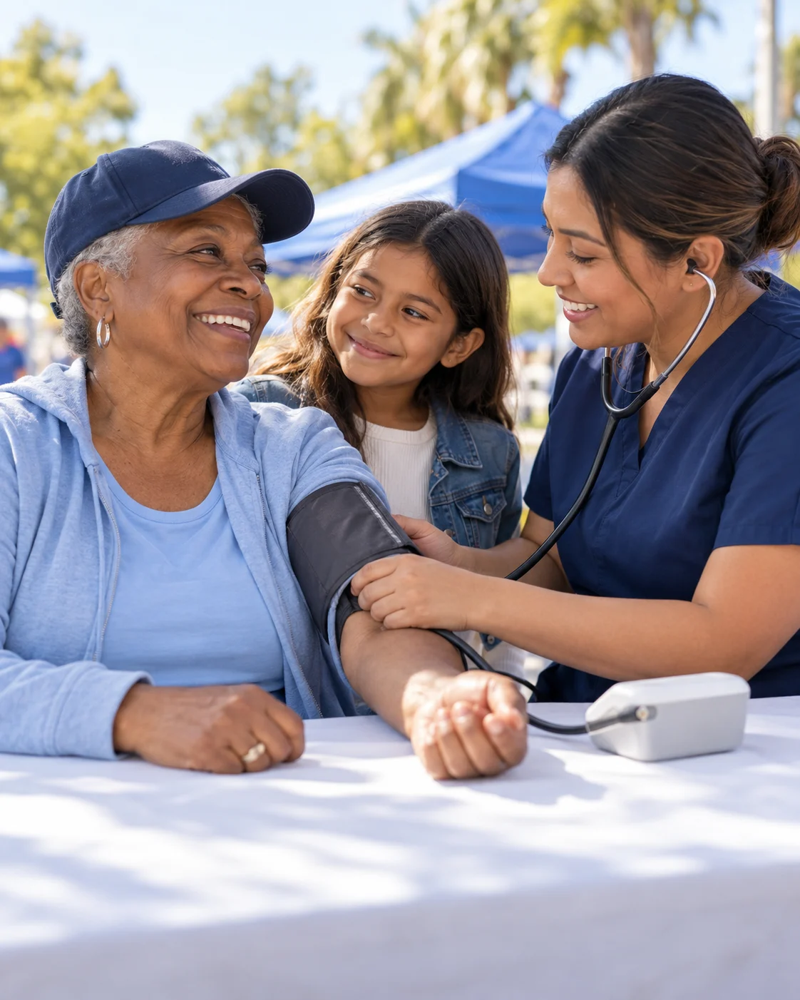 Illustration of a grandmother, granddaughter, and nurse at a community blood pressure screening