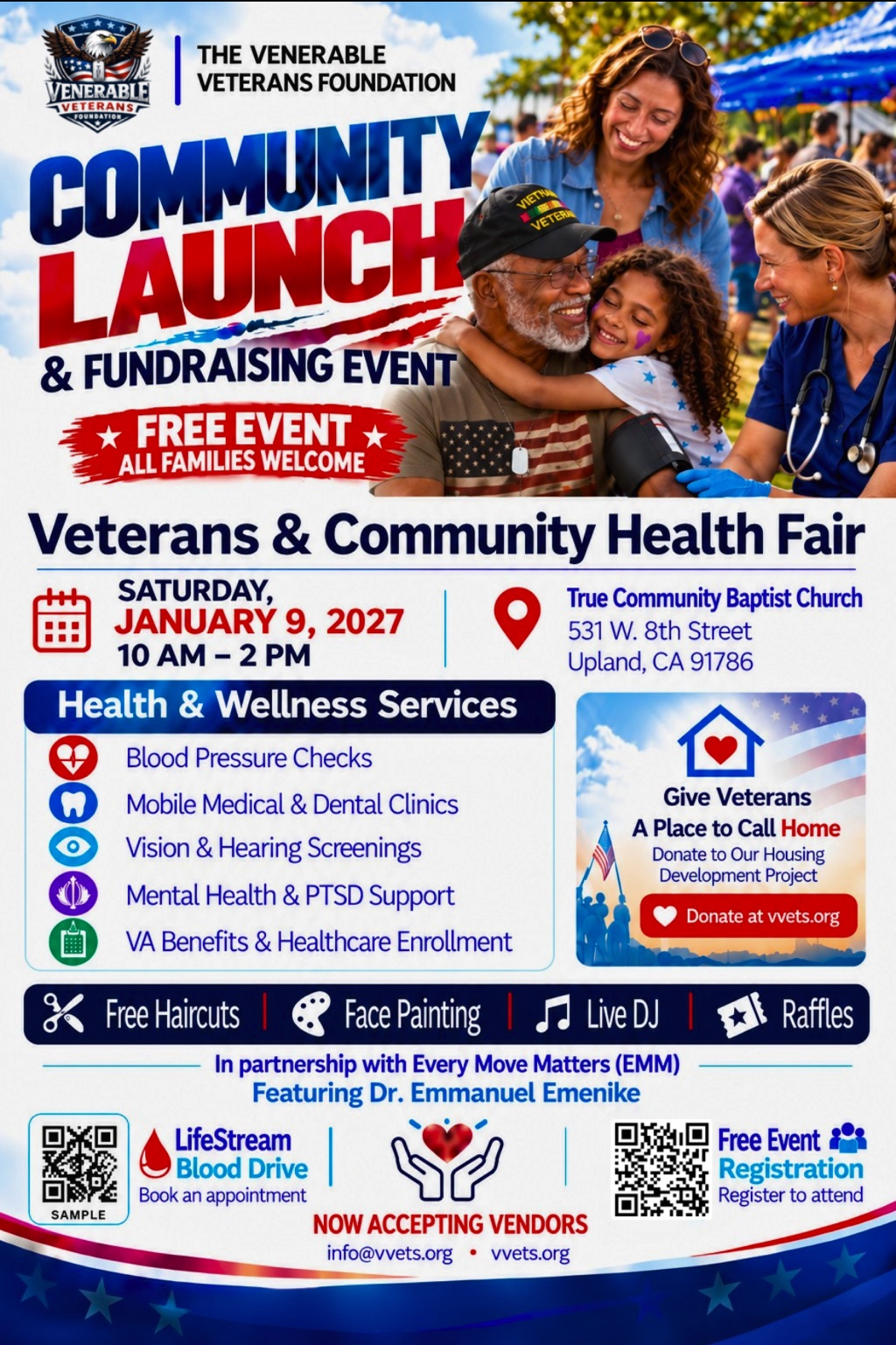 TVVF Community Launch and Veteran & Community Health Fair flyer, January 9, 2027, 10 AM to 2 PM, True Community Baptist Church in Upland. Services and event details are listed above.
