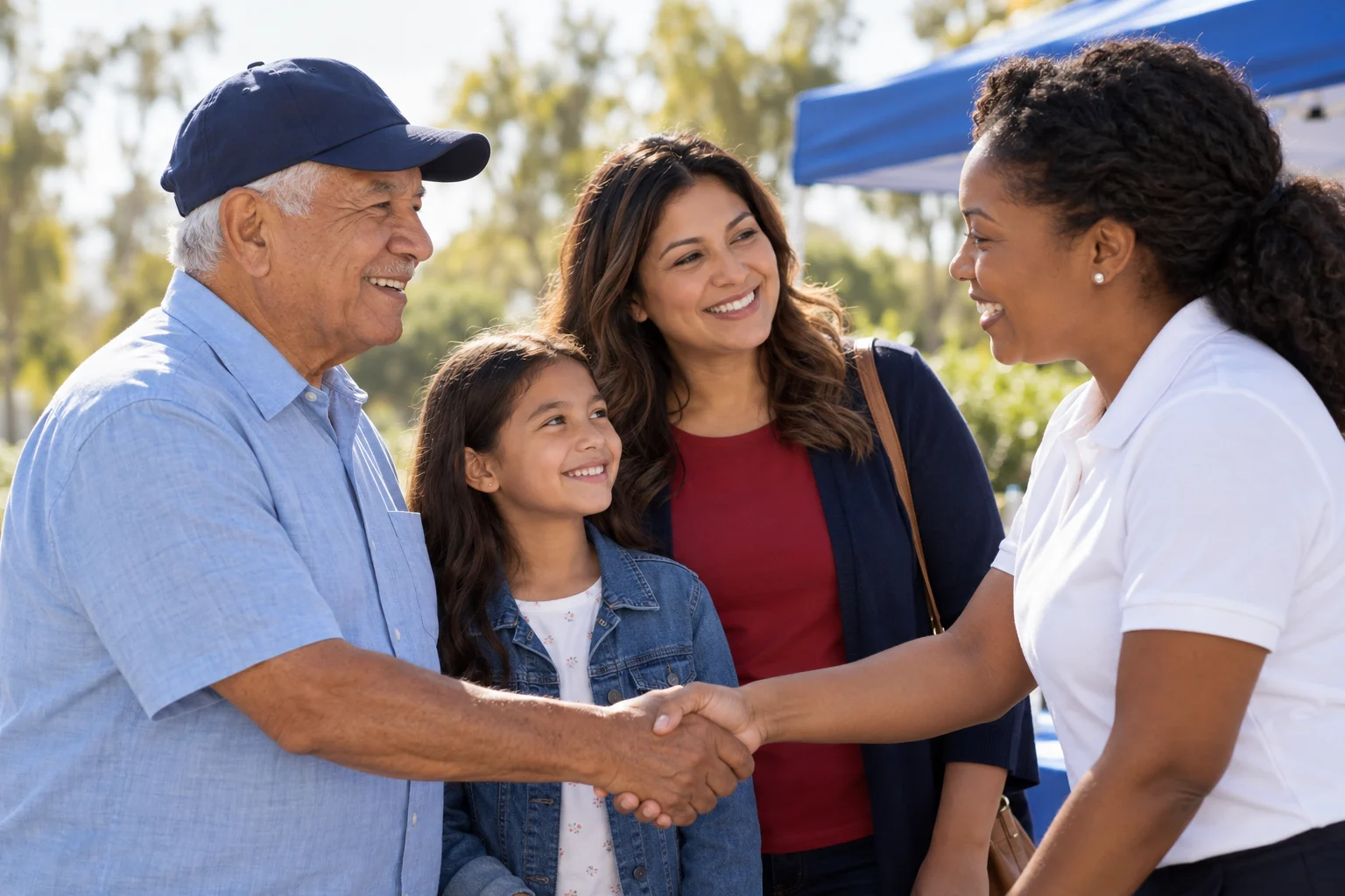 Illustration of a veteran and family being welcomed by an event volunteer
