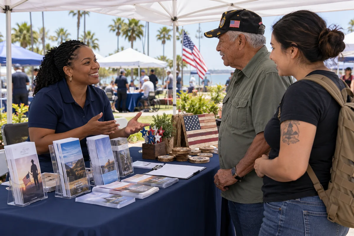 Illustrative scene of veterans meeting a resource provider at a community fair
