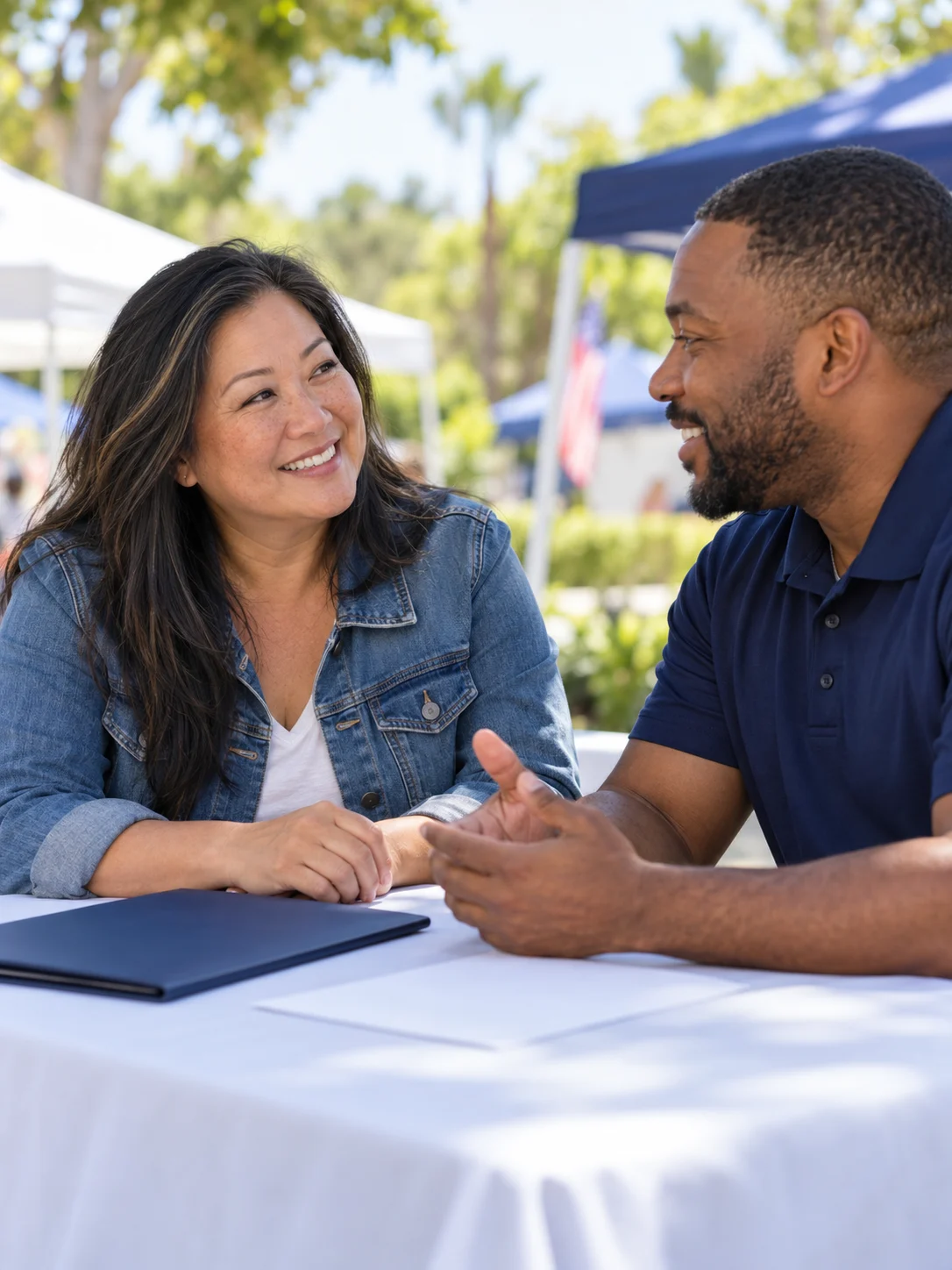 Illustration of a woman veteran speaking with a community resource volunteer